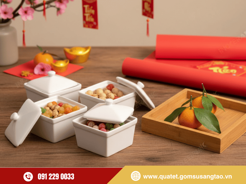 Khay mứt Tết gốm sứ được bày biện cùng các loại hạt trên bàn tiếp khách ngày xuân Khay mứt Tết gốm sứ được bày biện cùng các loại hạt trên bàn tiếp khách ngày xuân