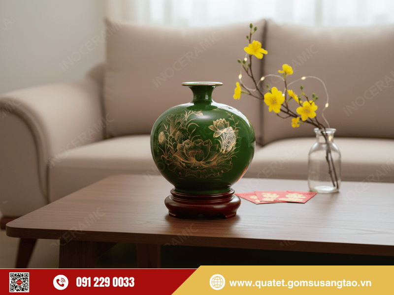Bình gốm sứ phong thủy men lục Sen đại kẻ vàng trong hộp quà Tết cao cấp tặng khách hàng Bình gốm sứ phong thủy men lục Sen đại kẻ vàng trong hộp quà Tết cao cấp tặng khách hàng