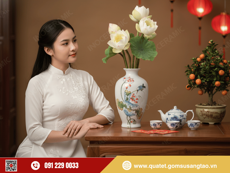 Bình hoa Bát Tràng Liên Ngư Tụ Phúc tượng trưng cho phú quý và viên mãn