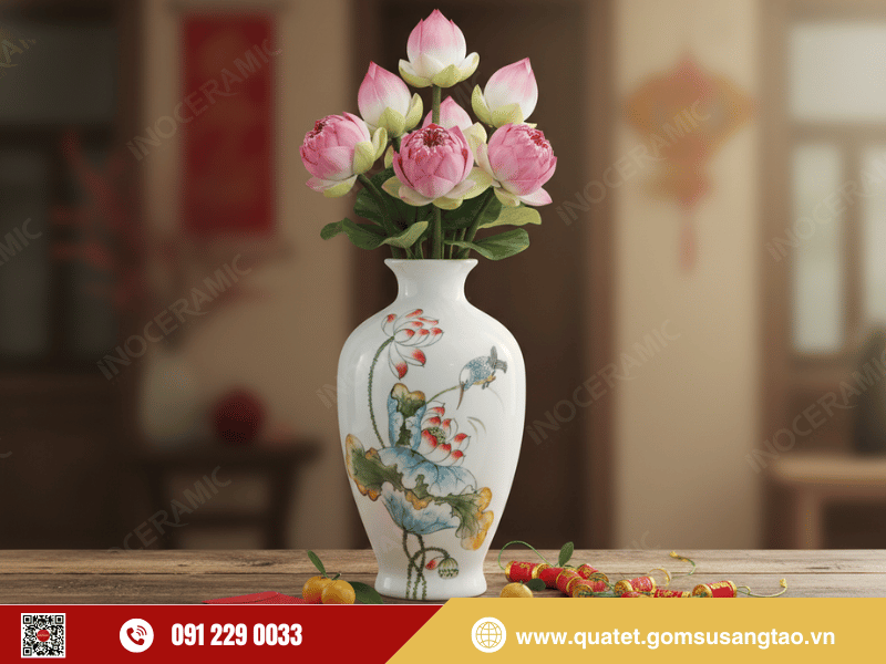 Bình hoa Tết vẽ Liên Ngư Tụ Phúc gốm sứ Bát Tràng cao cấp