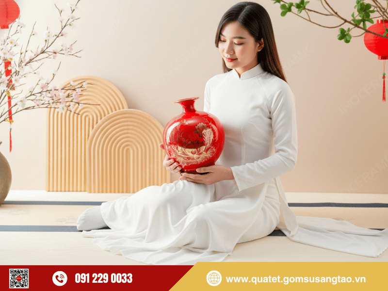 Quà Tết phong thủy cho đối tác bình hút lộc men đỏ sen vàng