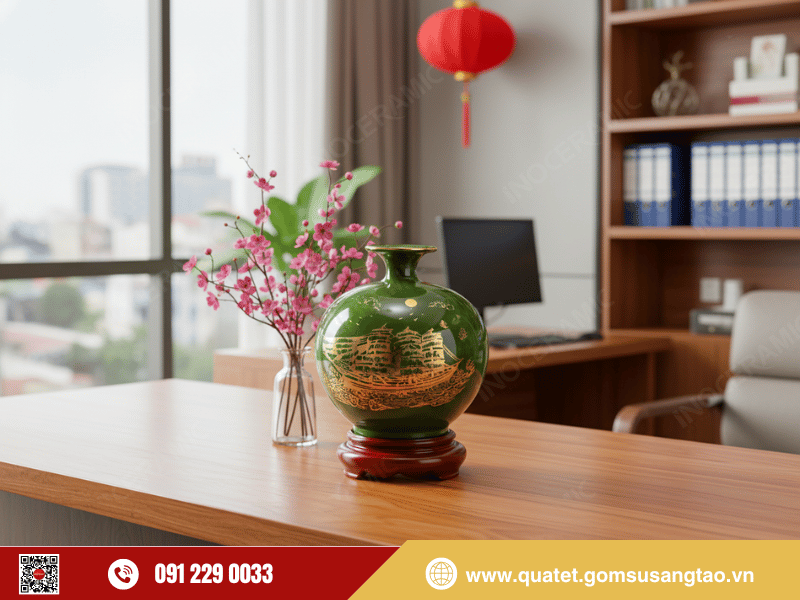 Bình hút lộc men lục thuận buồm thiết kế tinh xảo họa tiết thuyền vàng thuận buồm xuôi gió