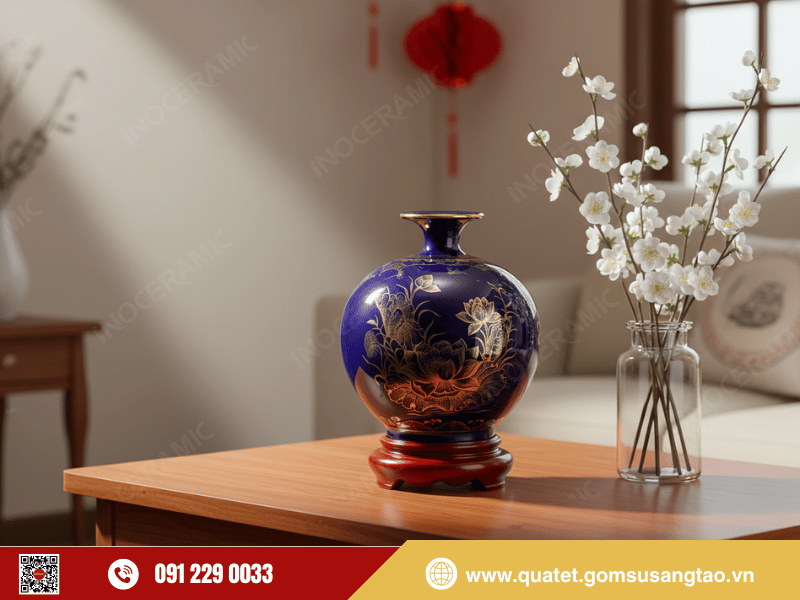 Bình hút lộc men lam Sen đại kẻ vàng làm quà Tết phong thủy cho công ty xây dựng & nội thất Bình hút lộc men lam Sen đại kẻ vàng làm quà Tết phong thủy cho công ty xây dựng & nội thất
