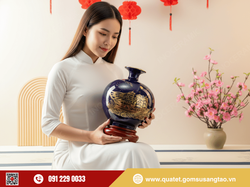 Bình hút lộc men lam Thuận Buồm gốm sứ biểu trưng tài lộc dành cho công ty bất động sản