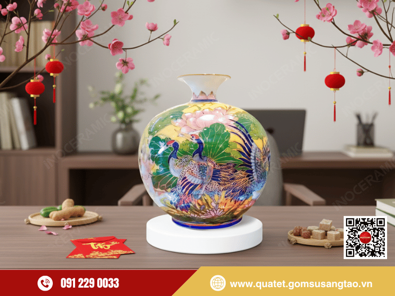 Bình tụ lộc Hồng Hạc vẽ vàng họa tiết cao cấp Bát Tràng Bình tụ lộc Hồng Hạc vẽ vàng họa tiết cao cấp Bát Tràng