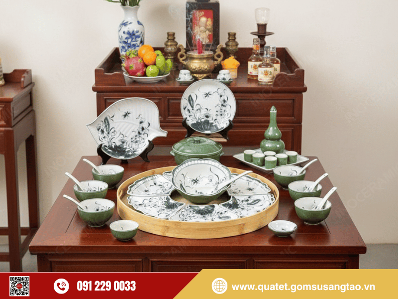 Bộ bát đĩa Hoa Mặt Trời 35 món men xanh đồng phù hợp cúng giỗ lễ Tết truyền thống Bộ bát đĩa Hoa Mặt Trời 35 món men xanh đồng phù hợp cúng giỗ lễ Tết truyền thống