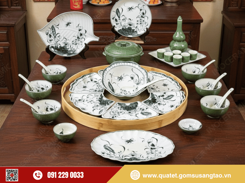 Bộ bát đĩa Hoa Mặt Trời cao cấp Bát Tràng gam men xanh đồng sang trọng Bộ bát đĩa Hoa Mặt Trời cao cấp Bát Tràng gam men xanh đồng sang trọng