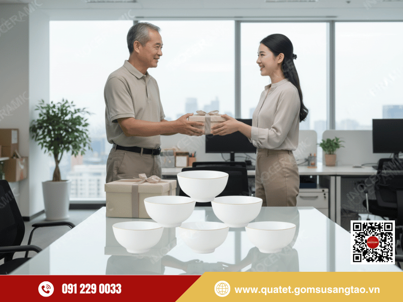 Bộ chén men trắng vẽ vàng 6 chén quà tết doanh nghiệp cao cấp Bộ chén men trắng vẽ vàng 6 chén quà tết doanh nghiệp cao cấp