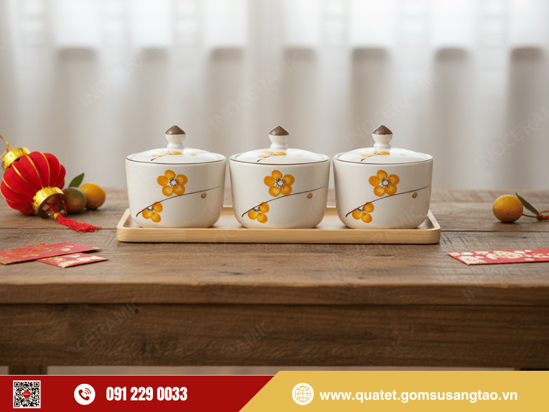 Bộ khay mứt Tết 3 hũ họa tiết Đào Cam sang trọng Bộ khay mứt Tết 3 hũ họa tiết Đào Cam sang trọng