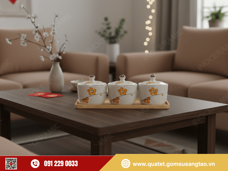 Bộ quà Tết doanh nghiệp khay 3 hũ mứt Đào Cam sang trọng Bộ quà Tết doanh nghiệp khay 3 hũ mứt Đào Cam sang trọng
