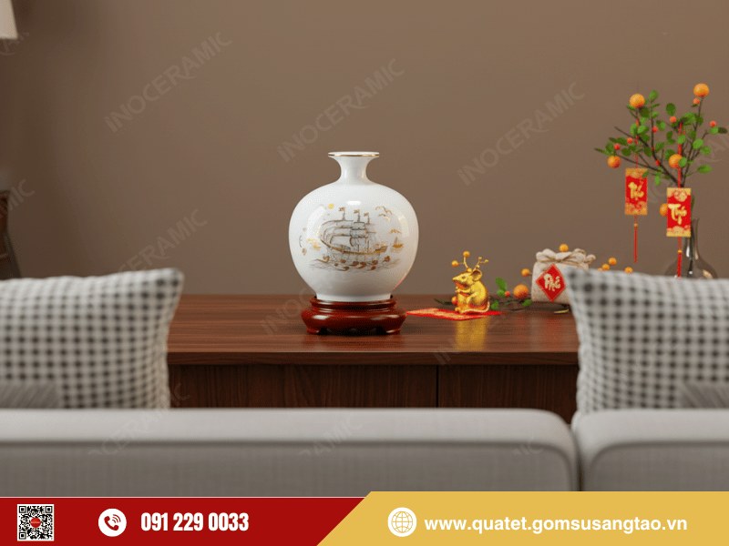 Bộ quà tặng doanh nghiệp Bình chiêu lộc Thuận Buồm men trắng trong hộp sang trọng cao cấp