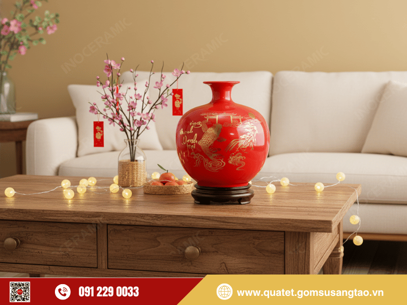Bộ quà tặng doanh nghiệp Bình hút lộc men đỏ vẽ Chép Vượt Vũ Môn tinh xảo dát vàng