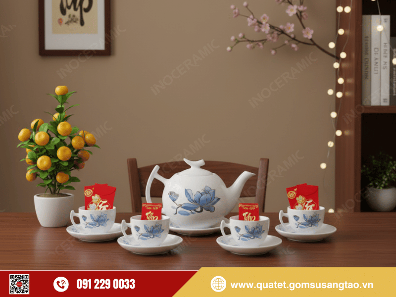 Bộ trà Bưởi Cành Sen Xanh Kẻ Vàng là món quà Tết doanh nghiệp sang trọng
