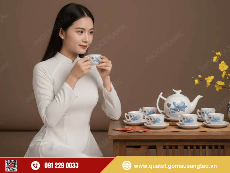 Bộ trà Bưởi Cành Sen Xanh Kẻ Vàng là món quà Tết ý nghĩa gắn kết với đối tác, khách hàng.