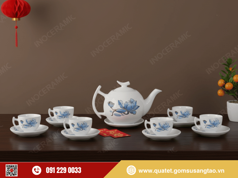 Bộ trà Bưởi Cành Sen Xanh Kẻ Vàng tượng trưng cho sự đoàn viên và tri ân khách hàng VIP