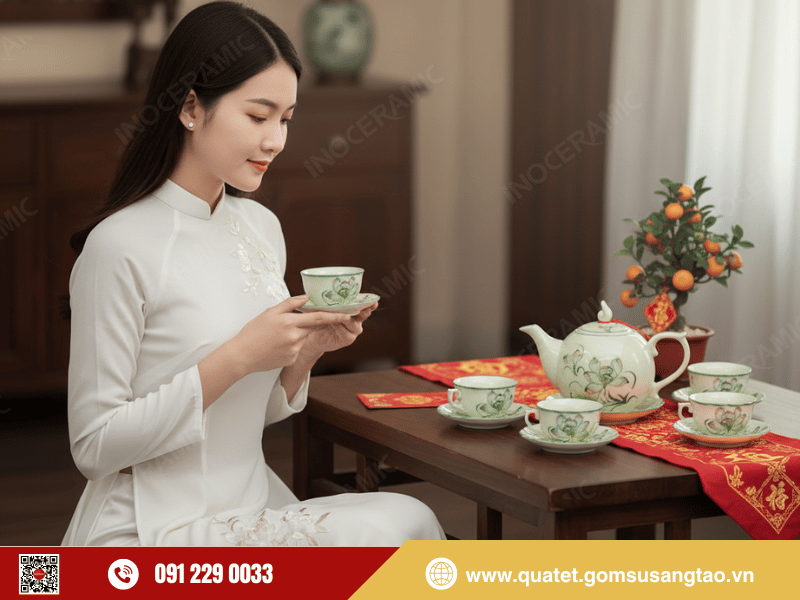 Bộ ấm trà Bát Tràng gốm sứ thủ công dùng trong không gian tiếp khách