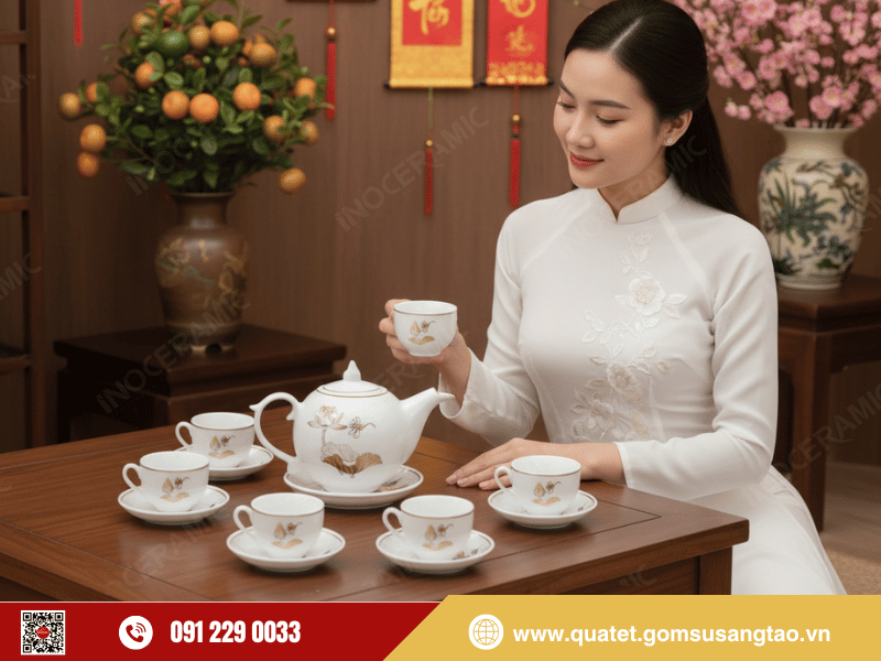 Bộ trà Ngọn Lửa Sen Chuồn có thiết kế hài hòa, hoa văn sen chuồn tinh xảo
