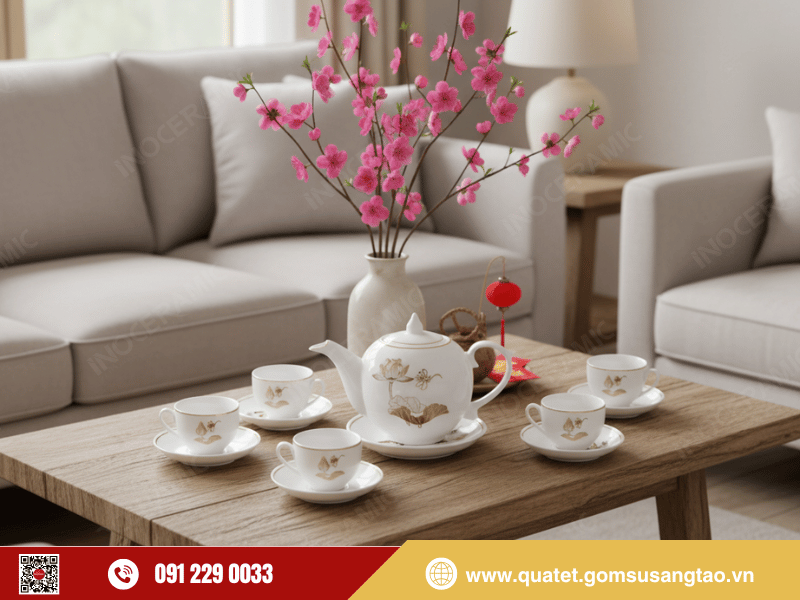 Bộ trà Ngọn Lửa Sen Chuồn được làm từ gốm sứ Bát Tràng cao cấp