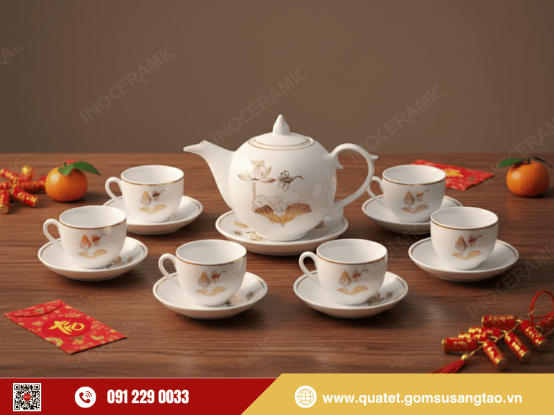 Bộ trà Ngọn Lửa Sen Chuồn gốm sứ Bát Tràng trưng bày trên bàn trà sang trọng dịp Tết