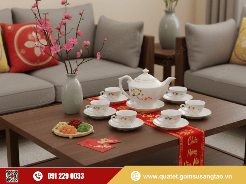 Bộ trà Thần Đèn Sen Vàng có thiết kế tinh xảo, hoa văn sen vàng
