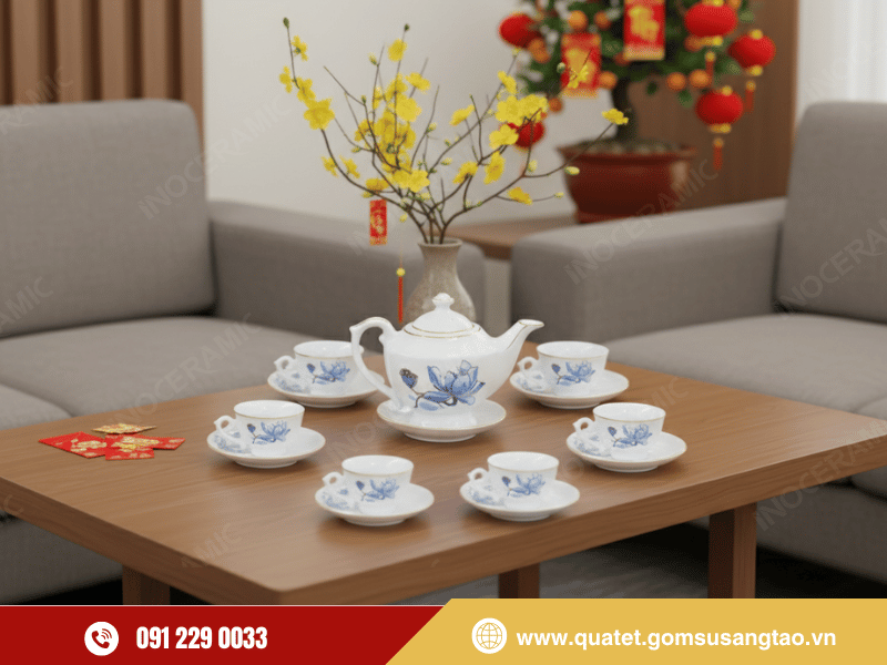 Bộ trà Thần Đèn Sen Xanh kẻ vàng gốm sứ Bát Tràng trưng bày trên bàn trà sang trọng