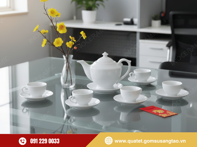 Bộ trà Thần Đèn Trắng được làm từ gốm sứ Bát Tràng cao cấp