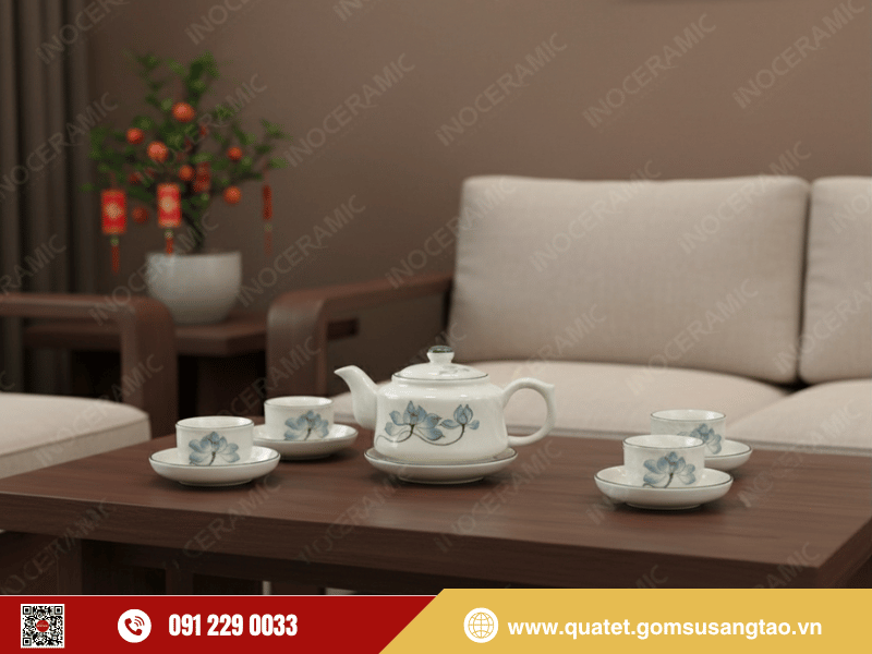 Bộ trà Vai Vuông Sen Xanh có độ bền cao, men bóng mịn