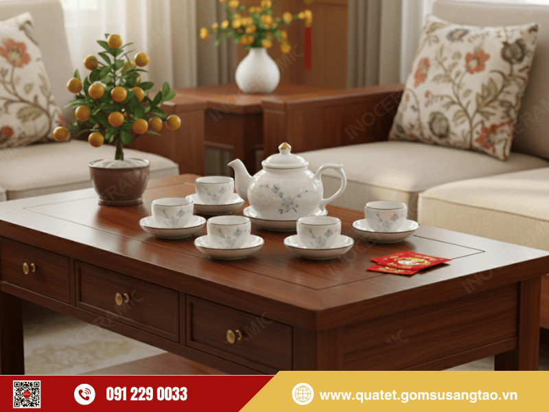 Bộ trà ấm Vịt vẽ Đào Xanh gốm sứ Bát Tràng bền màu, an toàn và giữ hương vị thanh khiết