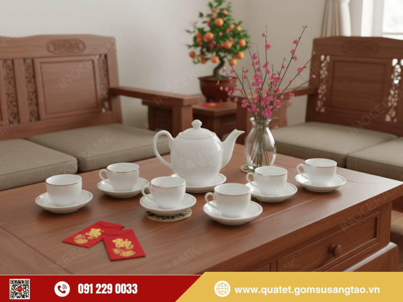 Bộ trà dáng Minh Long kẻ vàng gốm sứ Bát Tràng trưng bày sang trọng trên bàn trà ngày Tết