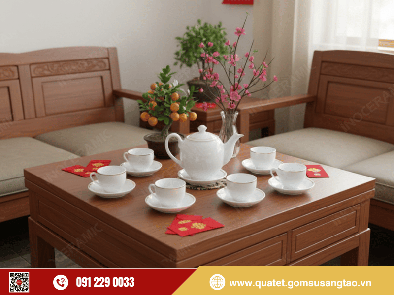 Bộ trà dáng Minh Long kẻ vàng thủ công với men trắng bóng sáng