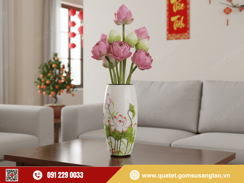 Chi tiết họa tiết Sen đỏ trên lọ bom làm quà Tết cao cấp