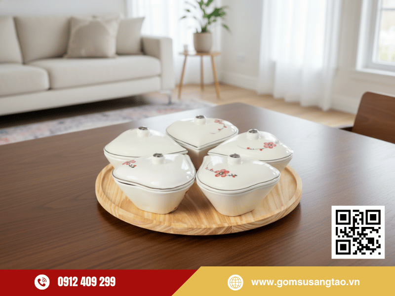 Hình ảnh khay 5 hũ mứt Tết họa tiết tim đào đỏ Hình ảnh khay 5 hũ mứt Tết họa tiết tim đào đỏ