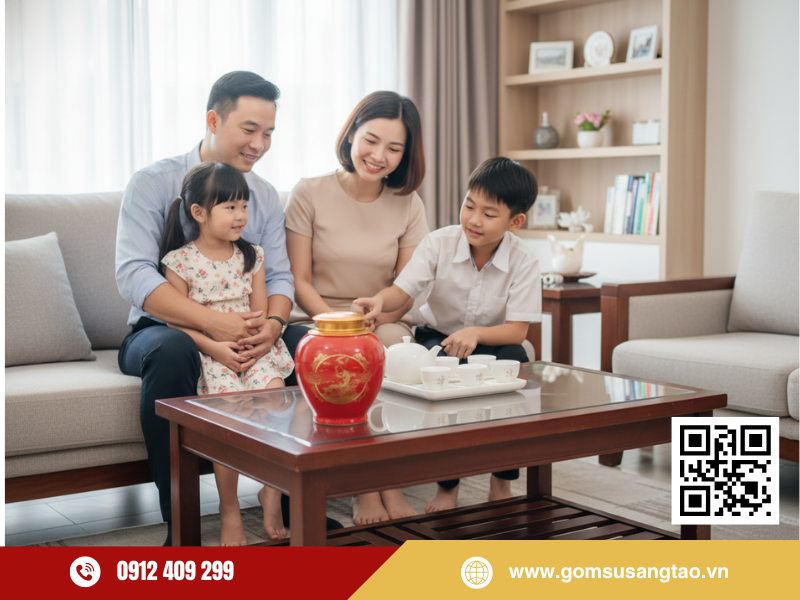 Hũ trà Lý Ngư Vượt Vũ Môn trưng bày bàn trà phòng khách Hũ trà Lý Ngư Vượt Vũ Môn trưng bày bàn trà phòng khách