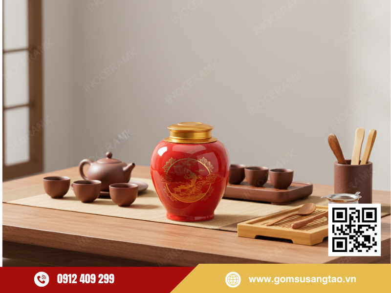 Hũ trà gốm sứ họa tiết Lý Ngư Vượt Vũ Môn sang trọng Hũ trà gốm sứ họa tiết Lý Ngư Vượt Vũ Môn sang trọng