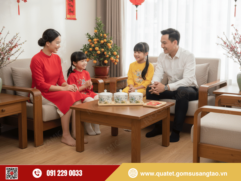 Khay 3 hũ mứt Tết Hoa Sen trên bàn trà ngày Tết Khay 3 hũ mứt Tết Hoa Sen trên bàn trà ngày Tết