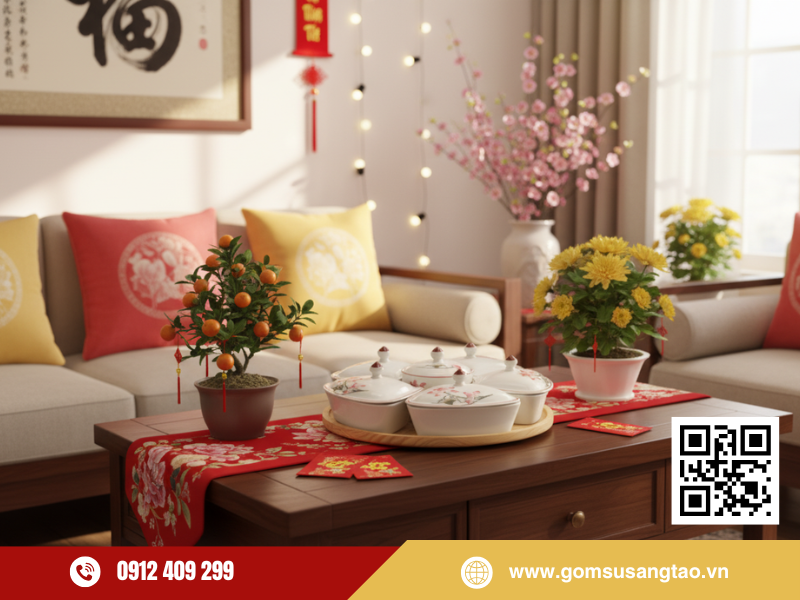 Khay 6 hũ mứt Tết sen hồng gốm sứ cao cấp