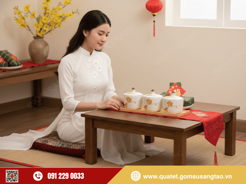 Khay mứt Tết Đào Cam trên bàn trà ngày Tết sang trọng và tinh tế Khay mứt Tết Đào Cam trên bàn trà ngày Tết sang trọng và tinh tế