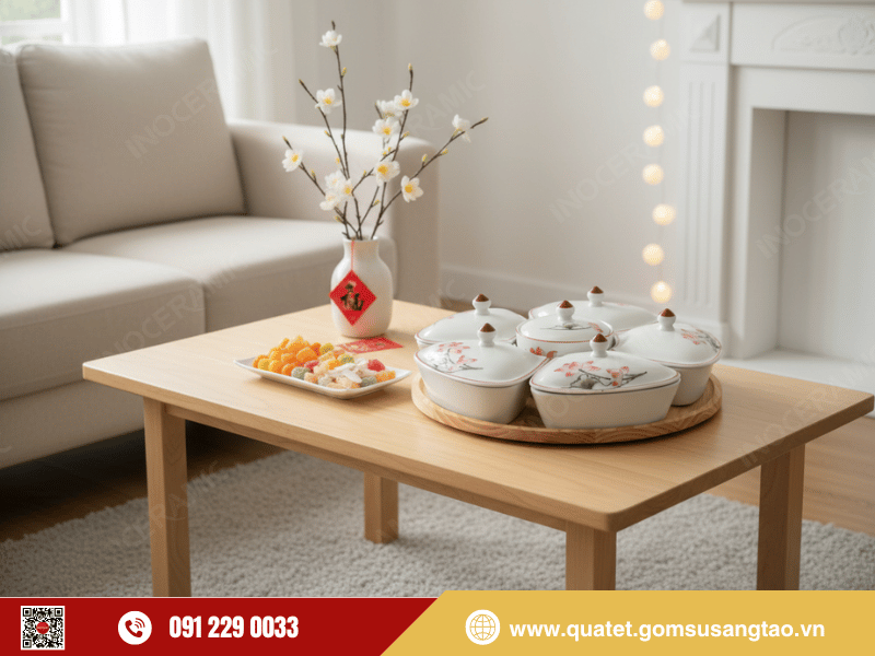 Khay mứt in logo Hoa Sen men trắng tinh tế, quà Tết cao cấp. Khay mứt in logo Hoa Sen men trắng tinh tế, quà Tết cao cấp.