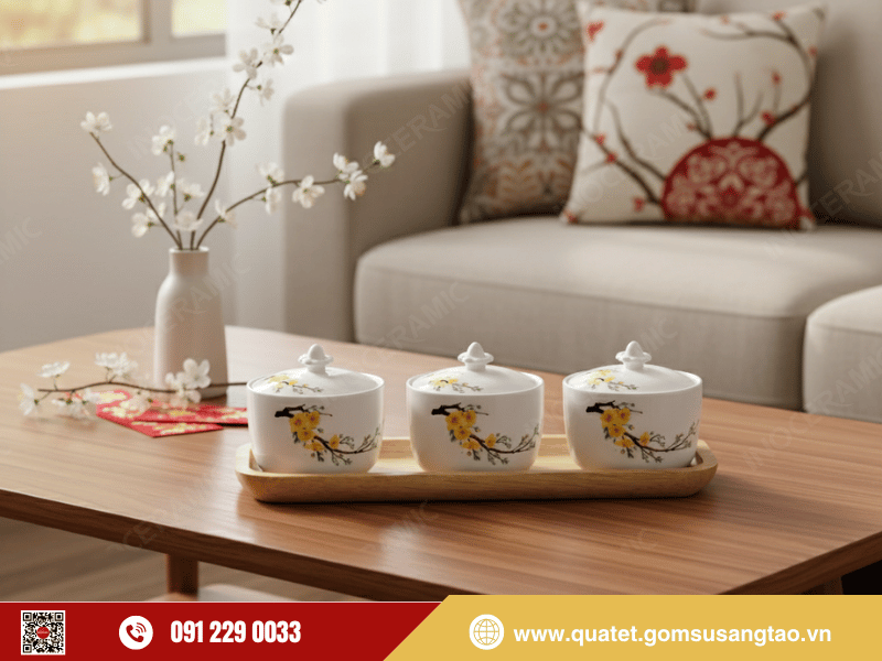 Khay mứt in logo hoa mai men trắng, quà Tết phát lộc doanh nghiệp Khay mứt in logo hoa mai men trắng, quà Tết phát lộc doanh nghiệp
