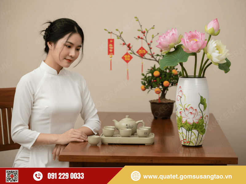 Lọ bom Tết vẽ sen đỏ tinh xảo làm quà Tết khách hàng cao cấp