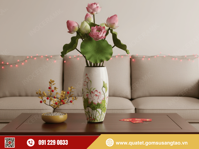 Lọ bom Tết sen đỏ trong không gian Tết Việt tinh tế