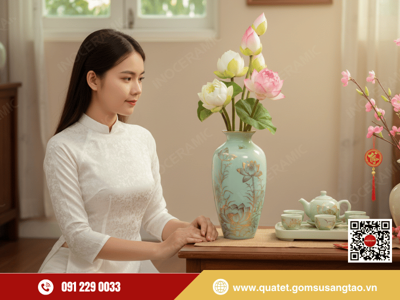 Quà Tết sang trọng cho khách hàng lọ hoa men ngọc Liên Hoàng Diệp