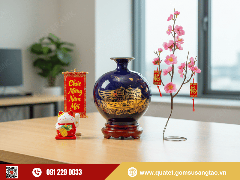 Quà Tết bình hút lộc phong thủy men lam họa tiết Thuận Buồm Xuôi Gió cao cấp