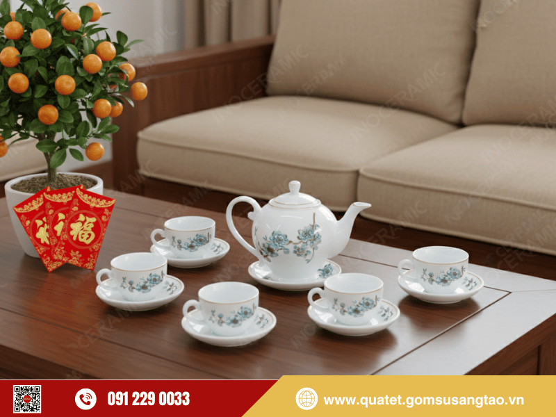 Thiết kế dáng Camelia thanh thoát với họa tiết hoa đào xanh tinh xảo trên nền men trắng ngà