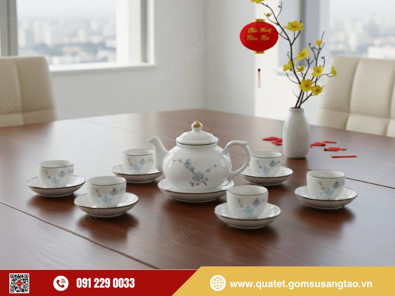 Thiết kế dáng ấm Vịt cổ điển kết hợp họa tiết hoa đào xanh thanh nhã trên nền men trắng ngà