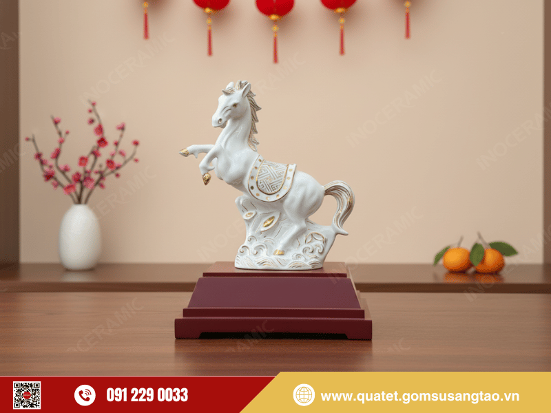 Tượng ngựa phong thủy Chiến Mã Khải Hoàng men trắng vẽ vàng