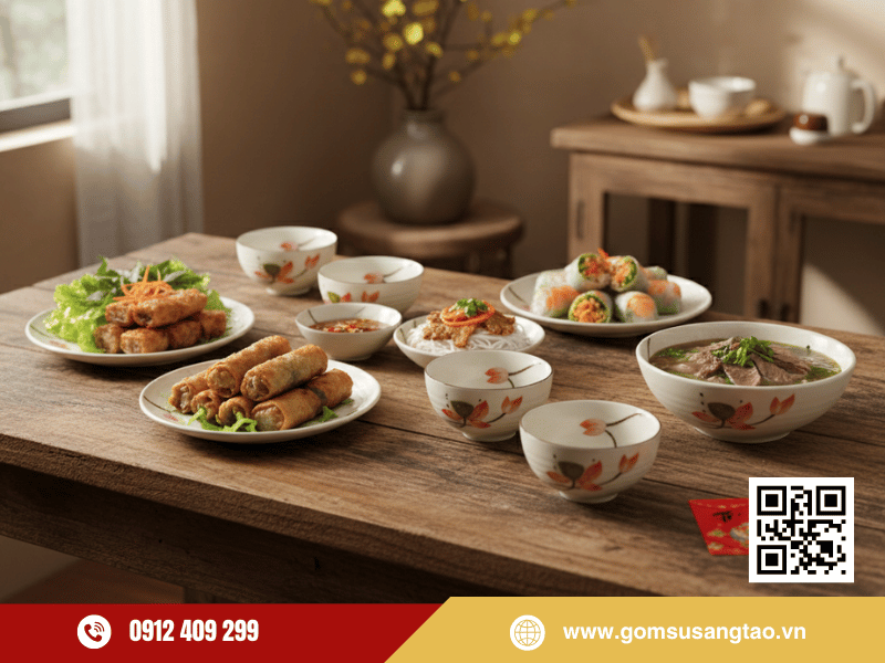 Bộ chén họa tiết sen hồng sản xuất tại Gốm Sứ Sáng Tạo, men bền đẹp an toàn sức khỏe