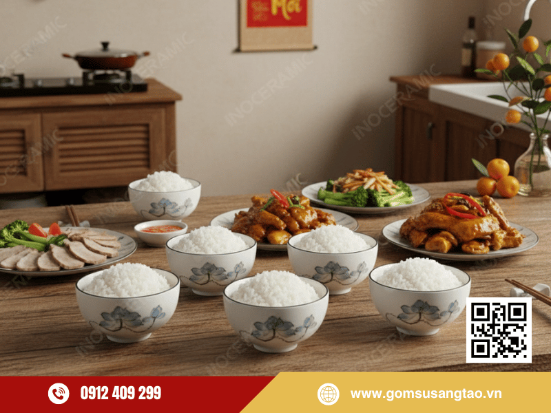 Bộ chén hoa văn sen xanh 6 chén men trắng thanh nhã, phù hợp bàn ăn ngày Tết Bộ chén hoa văn sen xanh 6 chén men trắng thanh nhã, phù hợp bàn ăn ngày Tết