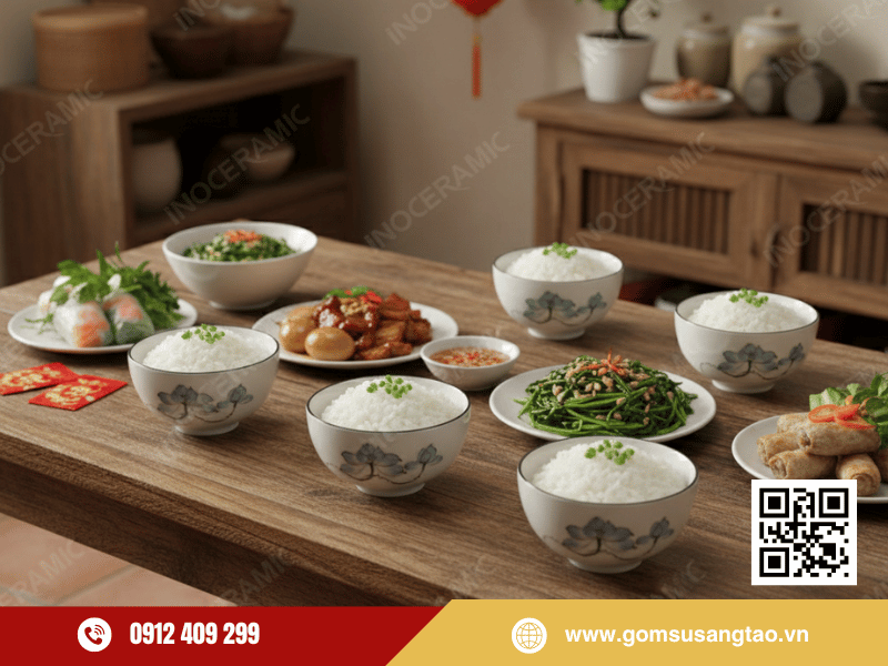 Bộ chén hoa văn sen xanh thiết kế truyền thống dễ cầm, phù hợp gia đình Việt Bộ chén hoa văn sen xanh thiết kế truyền thống dễ cầm, phù hợp gia đình Việt
