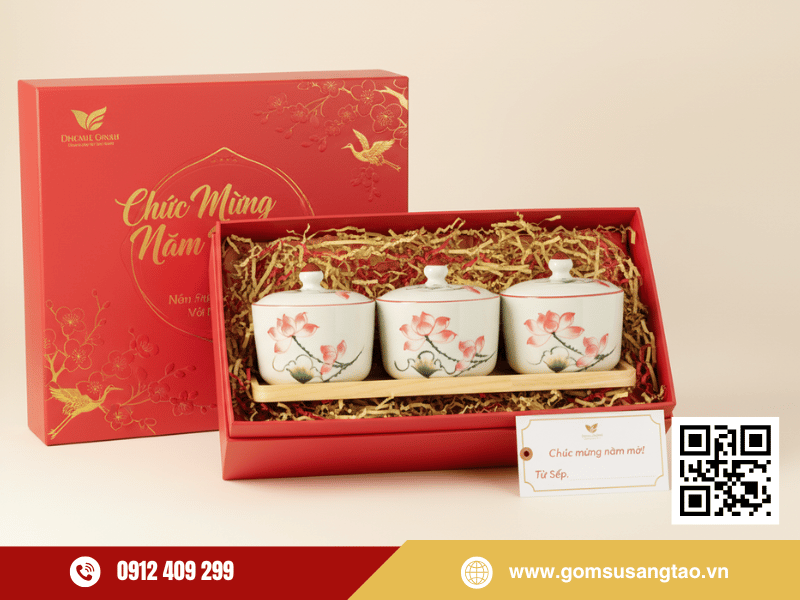 Bộ khay 3 hũ mứt Tết sen hồng quà tặng Tết ý nghĩa